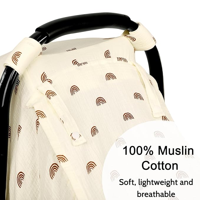 Hooyax Muslin Car Seat Cover Baby - Breathable and Privacy Car Seat Canopy with 3 Modes - Easy Install & Gift Box Packaging, Universal Fit for Infant Car Seats, Rainbow