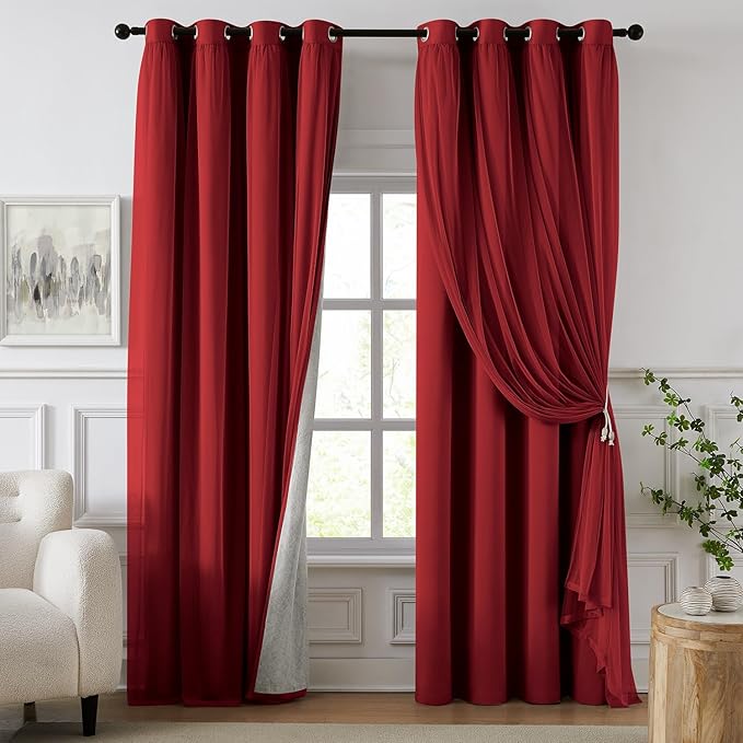 100% Blackout Curtains for Bedroom, Double Layer Red Curtains, Black Out Curtain 108 inch Long with Sheer Overlay for Living Room, Room Darkening Window Drapes with Grommet, 52" W x 108" L
