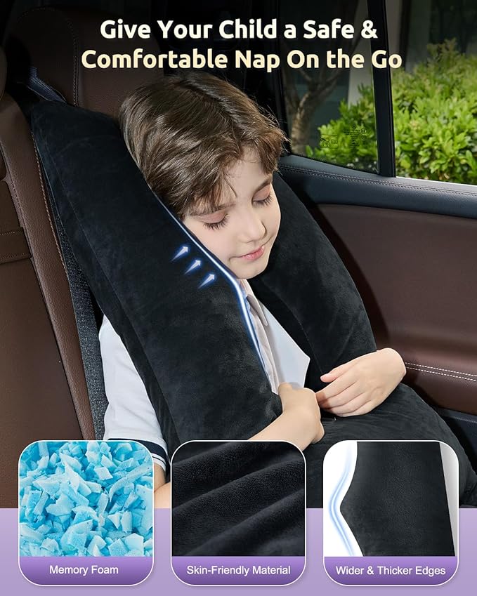 Car Pillow for Kids Travel Pillow with Adjustable Strap, Kids Floor Pillows Cushions for Adults and Children to Support Head and Body Road Trip Essentials (Metal Black)