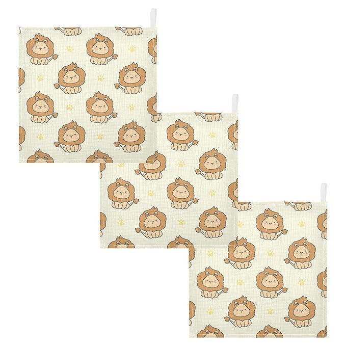 vvfelixl Baby Washcloths Cotton Cute Lion Baby Muslin Washcloths Soft Baby Face Towel for Newborn Infants Baby Wipes, 11.8 X 11.8 Inch, 3 Pack Yellow