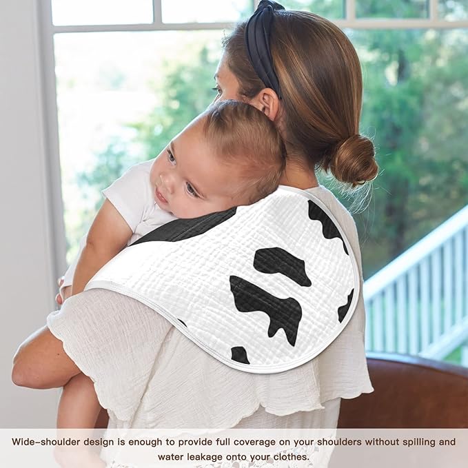 WELLDAY Muslin Baby Burp Cloths Set of 4, Soft Absorbent Animal Cow Print Muslin Washcloths, Bibs, Face Towel for Newborn Boys Girls, 22 x 11 Inch