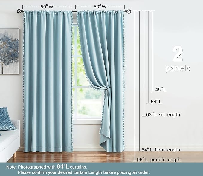 Treatmentex Blue Pom Pom Curtains for Living Room Bedroom 63 inch Thermal Insulated Half Blackout Curtain Drapes for Girls Boys Room Guest Room 52" w x2 Panels Rod Pocket