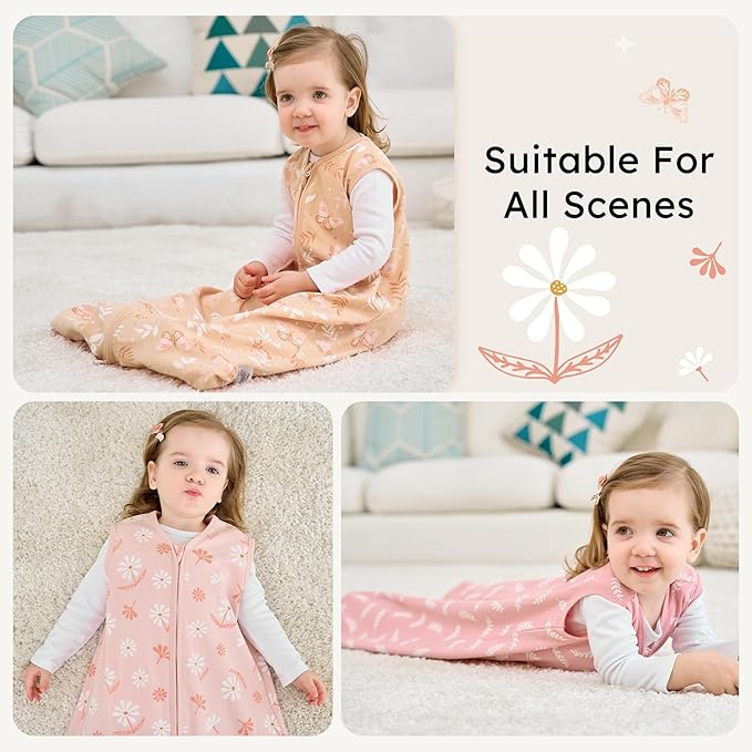 FIEMOL Baby Sleep Sack 0-6 Months, 100% Cotton Sleeping Sack for Newborn and Infant, 3 Pack Baby Wearable Blanket for Boy and Girl, 0.5 Tog Lightweight Double Zipper Sleep Bag Pink Orange Flower