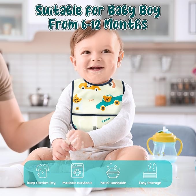 2ooya 6Pcs Waterproof Toddler Bibs Baby Feeding Bib Set with Crumb Catcher Pocket, Infant Adjustable Baby Teething Bib, Babies Sleeveless Vehicles Food Bibs Keepsake Gift for Baby Shower, 6-24 Months
