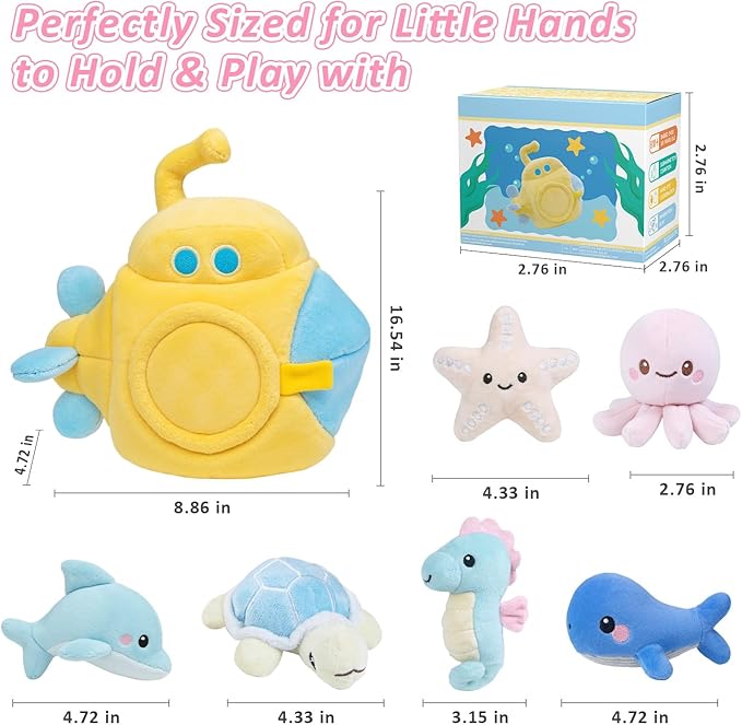 Submarine & Ocean Animals Baby Toys 6-12 Month, Sensory Toy Set with Whale, Dolphin, Starfish, Octopus, Turtle, Seahorse, Soft Montessori Toys for Infants 0-3