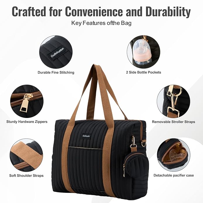 Diaper Bag Tote for Moms, Baby Hospital Bag with Insulated Bottle Pockets, Changing Pad & Stroller Straps