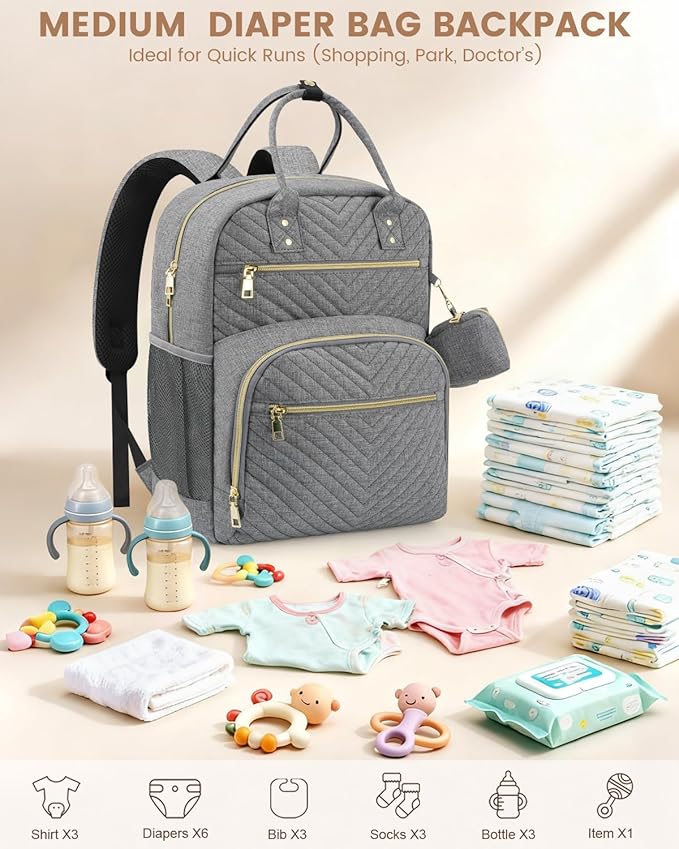 Diaper Bag Backpack,Baby Essentials Diapers Bag with Pacifier Case,Multipurpose Stylish Large Capacity Travel Backpack for Baby Girl/Boy(M-Gray)