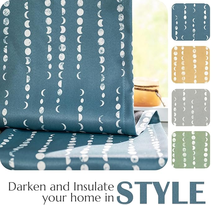 jinchan 95% Blackout Boho Curtains, Moon Phases Printed 96 Inches Long Blue Drapes for Bedroom Living Room Nursery Farmhouse, Rod Pocket Back Tab Thermal Insulated Window Treatment Set 2 Panels