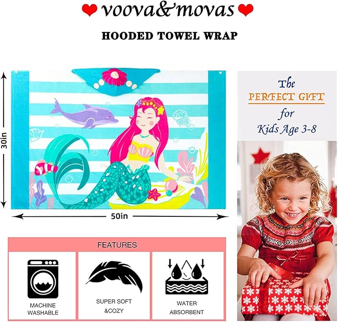 VOOVA & MOVAS Toddler Bath Towels Age 3-8, 30''X50,100% Cotton | Soft | Thick, Hooded Towel for Kids Girls, Perfect for Beach, Pool, Bath,Swim, Stripe Mermaid