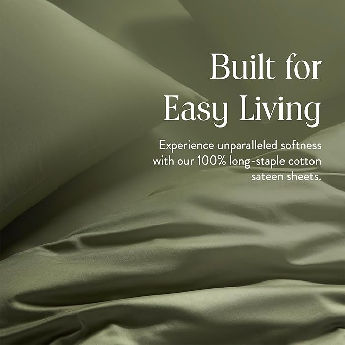 Brooklinen Luxury Sateen 4 Piece Sheet Set - 100% Cotton Bed Sheets, Soft & Durable Cali King Size Sheet Set in Fresh Moss, Oeko-TEX Certified Bedding Set, 1 Fitted Sheet, 1 Flat Sheet, 2 Pillowcases