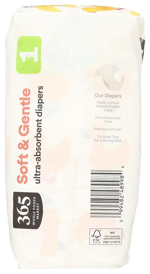 365 by Whole Foods Market, Soft & Gentle Size 1 Diapers with Wetness Indicator, Ultra-Absorbent, Hypo-Allergenic, Ultra-Absorbent, 40 Count