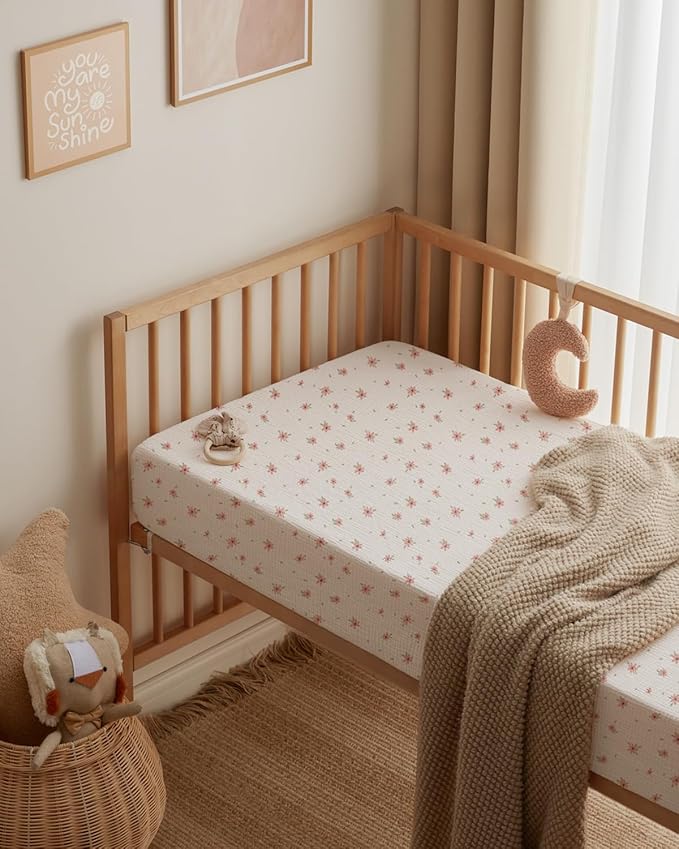 Blissful Diary Muslin Crib Sheets for Girl Boy, Boho Neutral Soft Cotton Baby Sheet for 52''x28'' Standard Crib Mattress, 2 Pack(Pink Floral&Light Pink)