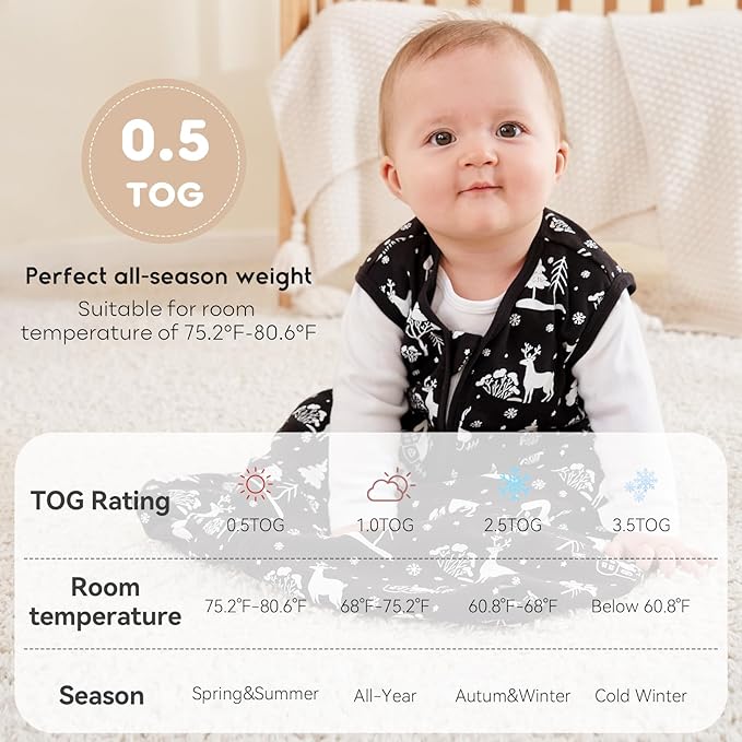 Yoofoss Baby Sleep Sack 0-6 Months 0.5 TOG Baby Wearable Blanket, 100% Organic Cotton Infant Toddler Sleeping Sack 2-Way Zipper Lightweight Sleep Sack, Black Forest