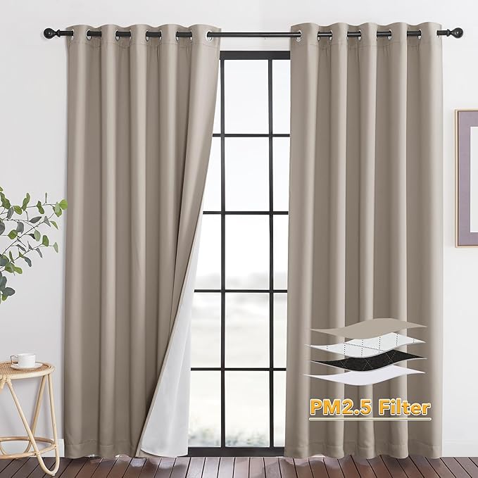 RYB HOME Dustproof Curtains for Large Window, Soundproof Thermal Insulated Blackout Curtains for Sliding Glass Door Furance Office Dorm Bedroom Living Room, Sand, W62 x L95 inch, 2 Panels