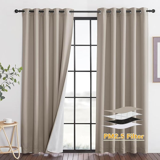 RYB HOME Dustproof Curtains for Large Window, Soundproof Thermal Insulated Blackout Curtains for Sliding Glass Door Furance Office Dorm Bedroom Living Room, Sand, W62 x L95 inch, 2 Panels