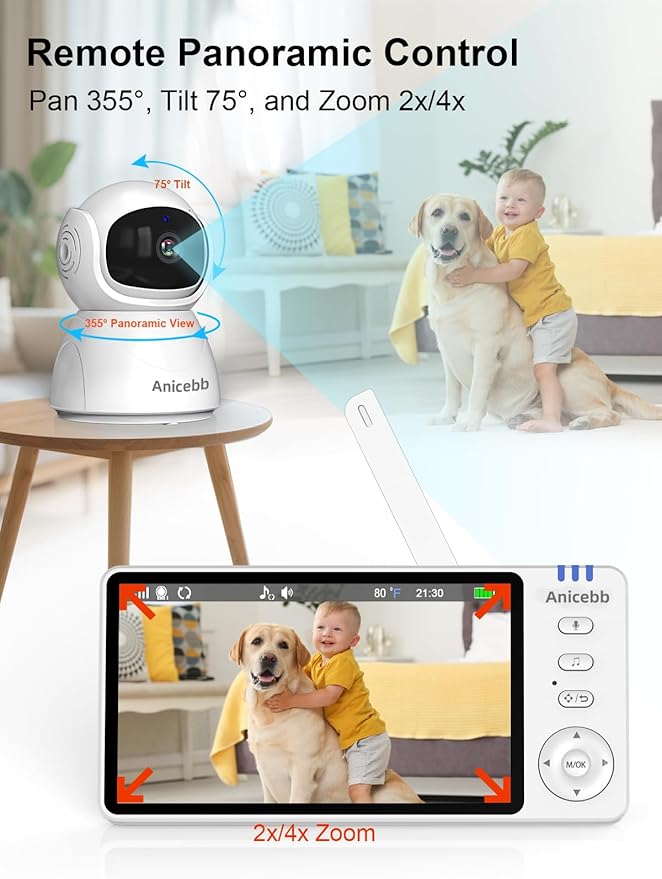 Video Baby Monitor with 2 Cameras, 5" LCD Display, No WiFi Hack-Proof Security, Remote Pan-Tilt-Zoom, 31H Battery Life, 1000ft Range, Night Vision, Temperature & Cry Alarms