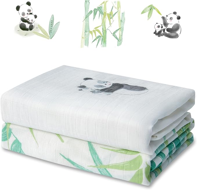 2-Pack Baby Swaddle Blankets, Soft & Breathable Muslin Swaddle for Newborns, 47 x 47 Inches, Unisex, Bamboo Forest & Panda Prints