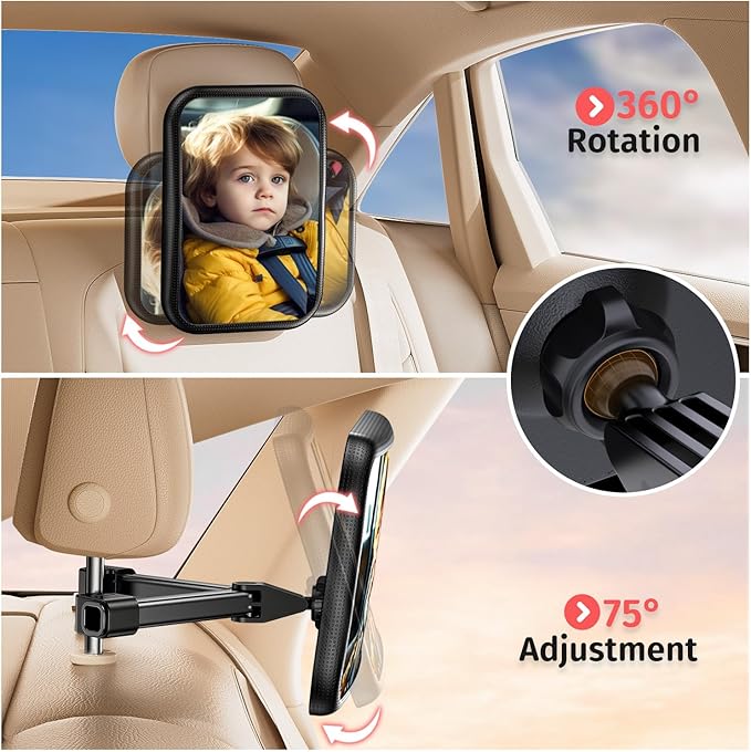 Baby Car Mirror for Car Seat Safely Mirror Hook Clip Design for Rear Facing Infant Newborn 360° Rotation Baby Backseat Mirror with Wide Clear View, Shatterproof, Easy Install Baby Essentials