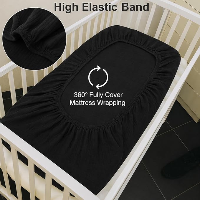 PET REJOIR 2 Pack Black Muslin Crib Sheets for Boys & Girl- Neutral Breathable Cotton Crib Mattress Sheets Fitted for Standard 28"x 52"- Nursery Décor No Slip Crib Bed Sheets