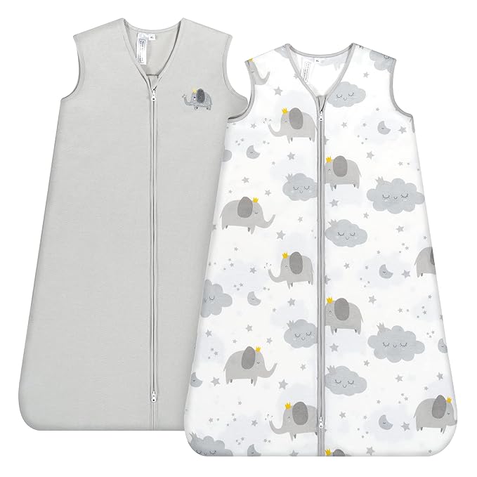 TILLYOU 2 Pack Baby Sleep Sack 12-18 Months 100% Cotton Wearable Blanket 0.5 TOG Sleeveless Summer Sleep Sacks with 2-Way Zipper, Grey Elephant & Cloud