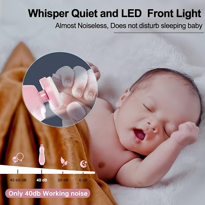 Baby Nail Trimmer Electric, Low Noise Newborn Safe Nail Clipper Kit with Light and Replaceable 6 Grinding Heads, Hand-Holding Care Polish and Trim for Infant Toddler Adults Toes Fingernails, Pink