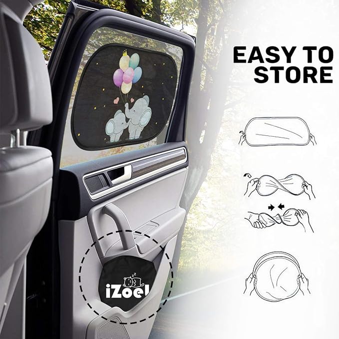Car Sun Shade for Baby Kids 2 Pack Static Cling Side Window Car 110GSM Rear Sunshades Universal with Storage Bag - Sun Glare and UV Rays Protection for Your Child (Elephant)
