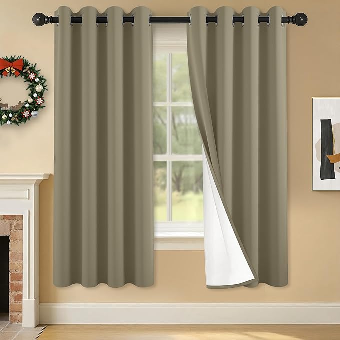 100% Blackout Curtains 63 Inch Length for Bedroom Living Room, Grommet Thermal Insulated Room Darkening Drapes, Light Blocking Window Treatment Decor, 2 Panels, 54x63, Taupe