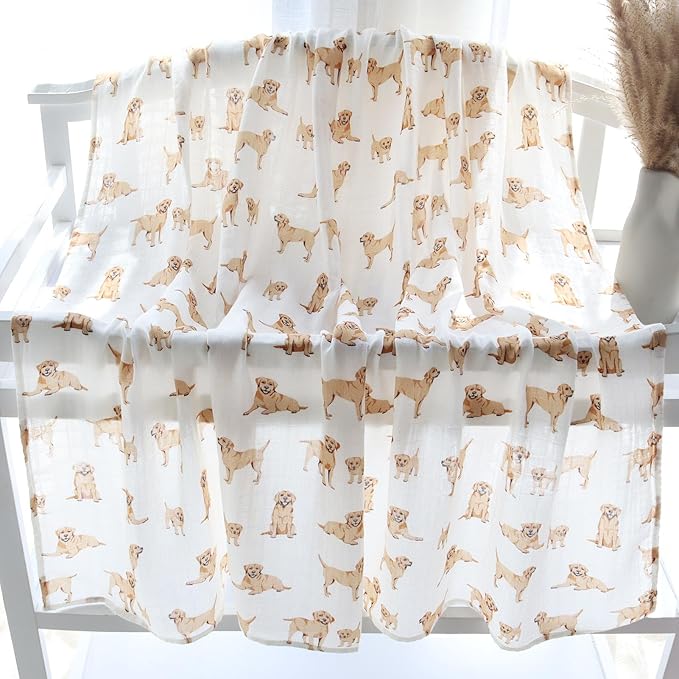 LifeTree Baby Swaddle Blankets Dog Pattern, Muslin Blankets Boys Girls Swaddling Wrap Receiving Blanket for Newborn, 70% Viscose from Bamboo and 30% Cotton, Large 47" x 47", Labrador