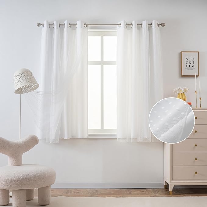 MYSKY HOME White Curtains for Girls Bedroom & Nursery Kids Cute Short Curtains for Small Windows 54 Inch Long Double Layer with Polka Dots Sheer, Grommet Tops, 52" Wide Each Panel, 2 Panels