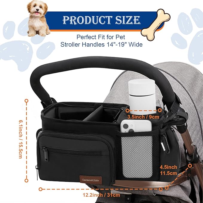 Dog Stroller Organizer Bag, Dog Mom Gifts for Women Pet Stroller Caddy, Stroller Accessories with Cup Holder, Poop Bag Dispenser, Pockets for Dog Essentials, Fits 14–19" Handles, Christmas Gift Ideas