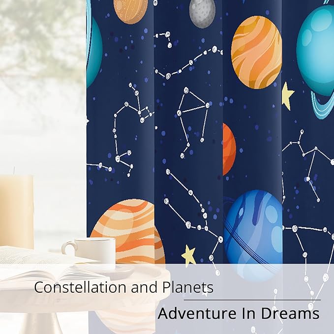 Kids Space Constellation Planets Blackout Curtains - 100% Blackout, Thermal Insulated, Noise Reducing, Perfect for Kids Room and Nursery, 2 Panels (Constellation Planets, W52×L63)
