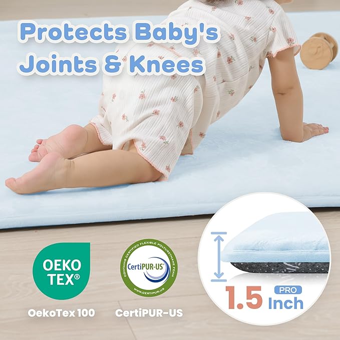 1.5" Thick Baby Play Mat for Floor, 59x79 Playpen Mat, Pro Soft Flannel Foam Mats Toddler Infant Kids Crawling for Nursery Rug Playroom Living Room Waterproof Easy Care Non-Slip (Baby Blue)