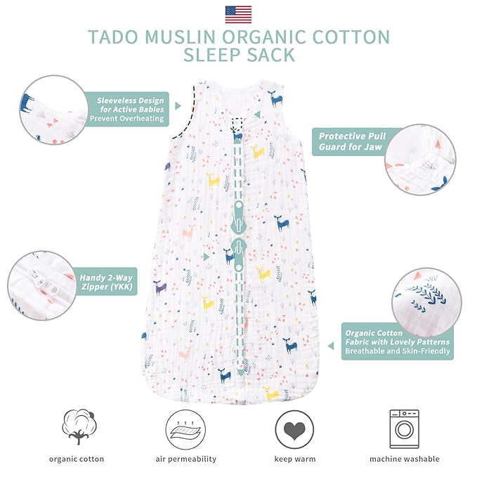 TADO MUSLIN Toddler Sleep Sack 2-4T, 0.5 TOG Lightweight Wearable Blanket, 100% Organic Cotton Muslin, Sleeveless, 2-Way YKK Zipper, OEKO-TEX Certified, Cute Deer