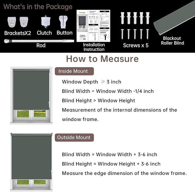 Allbright 100% Blackout Cordless Roller Shades for Windows, Thermal Insulated UV Protection, Window Roller Blinds for Home, Office, Bedroom, Door, 24" W x 72" H, Dark Grey