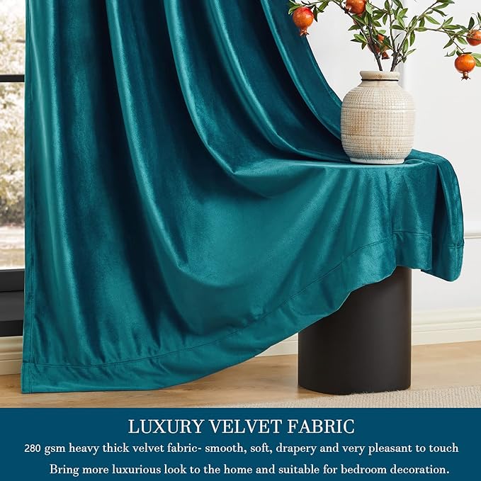 PRIMROSE Teal Velvet Curtains 84 inch Long for Living Room,Set of 2 Panels Blackout Rod Pocket Back Tab Window Treatment Room Darkening Heavy Decorative Curtains Drapes for Bedroom
