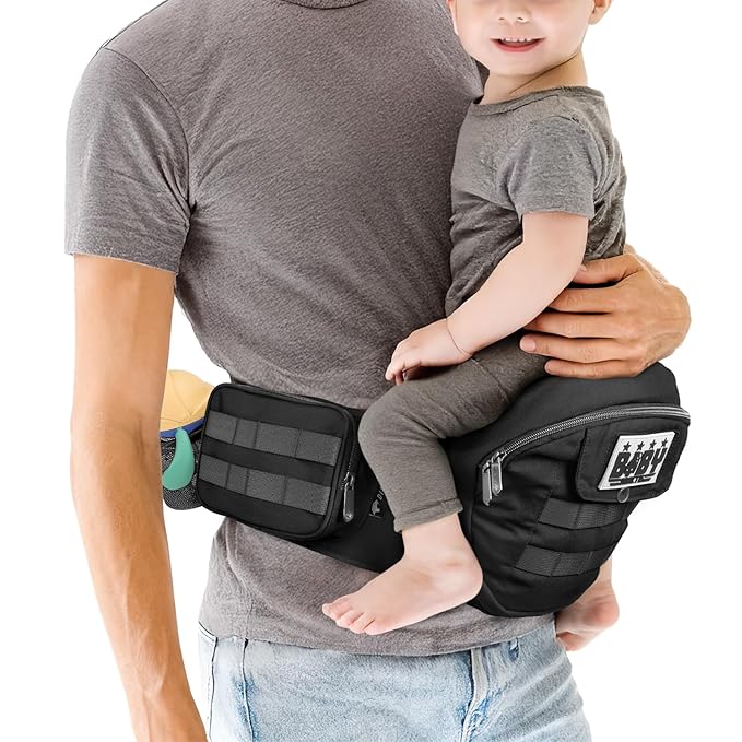 Dinictis Baby Hip Carrier, Ergonomic Waist Carrier with Hip Seat for Newborn to Toddler (Up to 45 lbs), Adjustable Wide Waistband, Molle Webbing & Multiple Pockets, Black