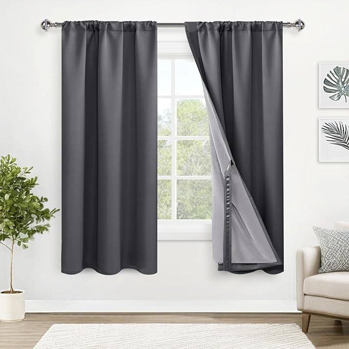 XWZO Full Blackout Curtains 63 Inches Long with Tiebacks- Heat and Light Blocking Rod Pocket & Back Tab Window Drapes with Black Liner for Bedroom/Kid's Room, Dark Grey, W42 x L63, Set of 2 Panels