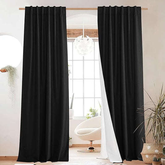NICETOWN Vintage Rod Pocket Flax Thermal Curtains, 100% Blackout Curtains 84" Long for Dining Room, Soundproof Window Treatment Drapes for Hall Room, Black, 52" Wide Per Panel, Set of 2