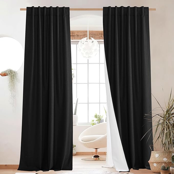 NICETOWN Black out Linen Curtains for Living Room with Back Tab, Complete Blackout Shades for Large Window Door, 100% Blackout Window Curtain Panels with White Lined, 52" Width by 95" Length, 2 Pieces