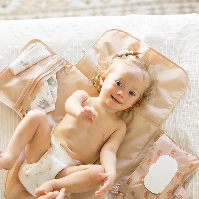 Tiny Twinkle Portable Diaper Changing Pad | Waterproof, Wipeable & Compact Baby Changing Pad for Travel | Smart Wipes Pocket & Organized Storage| Newborn Shower Gift (Boho Rainbow)