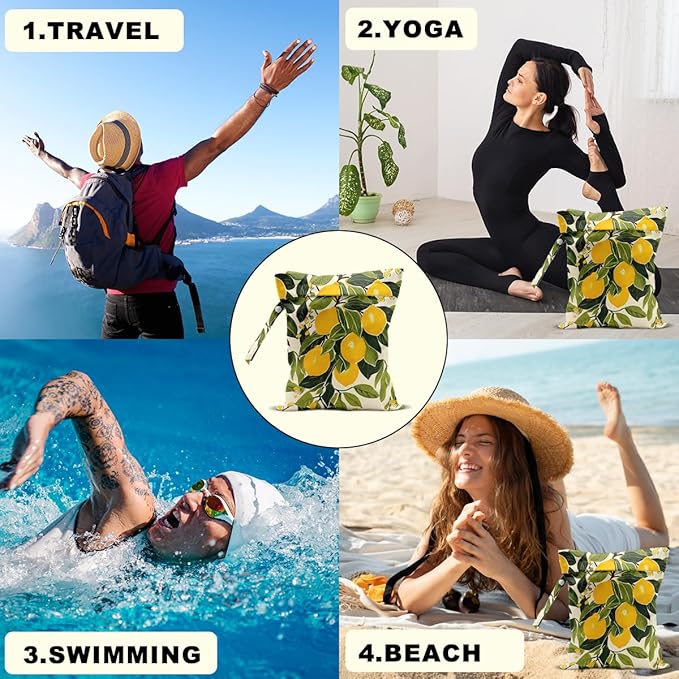 Summer Lemon Wet Bag 12x10 Inch, Rustic Lemon Waterproof Travel Laundry Bags, Washable Reusable Wet Dry Bag for Swimsuit Beach Diapers Dirty Yoga Gym Clothes, Plant Gifts for Women Friend