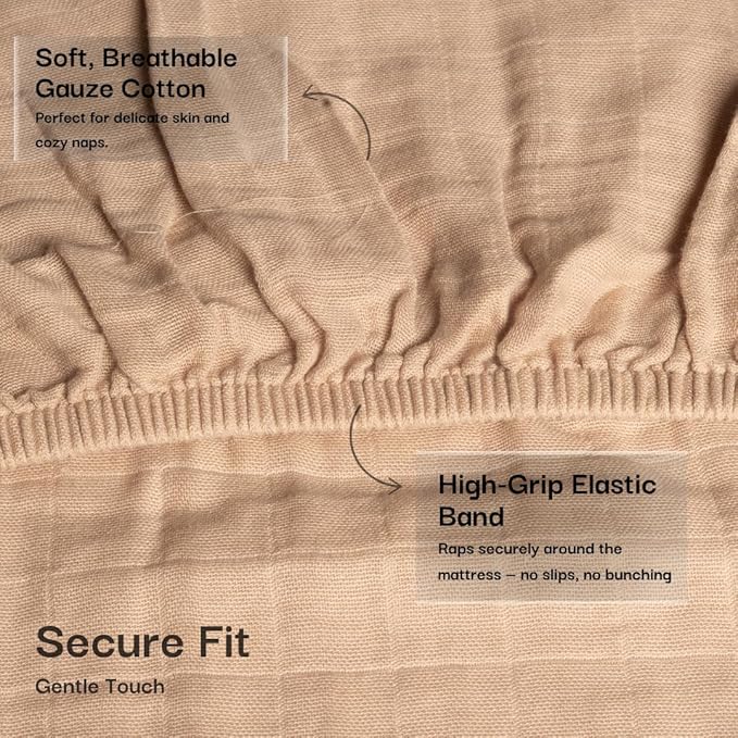 Salt Earth 100% Organic Cotton Muslin Standard Fitted Crib Sheet,52"x28", 2 Pack Soft Breathable Natural Cotton Sheets Baby Mattress Bed Sheets, No Slip Neutral Baby Crib Sheet (Beige & Silver)