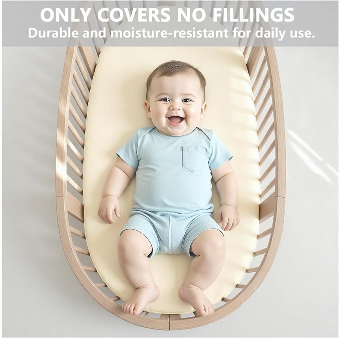Vegan Leather Bassinet Sheets for Baby, Waterproof Wipeable, Extra Thick & PortableFit for Hourglass Oval Rectangular Cradle Pad Sheets, Standard Cradle Safe Sheets for Baby Boys Girls 32"x16"(Beige)