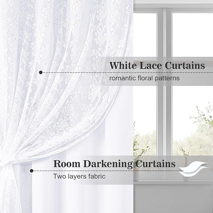 Yinhua White Curtains for Living Room Double Layer Blackout Curtains for Bedroom 84 Inches Long Nursery Curtain with Tiebacks, Thermal Insulation Grommet Drapes for Dining Room, 52" W x 84" L