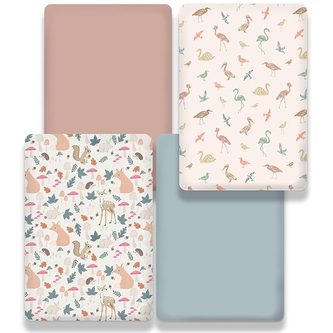 Bimocosy Pack and Play Sheets Fitted 4 Pack, 38 x 26 Inch Pack n Play Mini Crib Sheets for Boys and Girls, Soft Stretchy Playard Mattress Sheets for Graco Pack n Play, Forest Friends