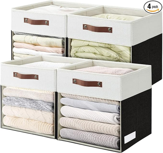 Storage Cubes, 4 Pack Linen Foldable Storage Bins (13 x 13 inch) with Clear Window and Handles, Fabric Organizer for Shelf Closet, Clothes, Books - (Black and White)