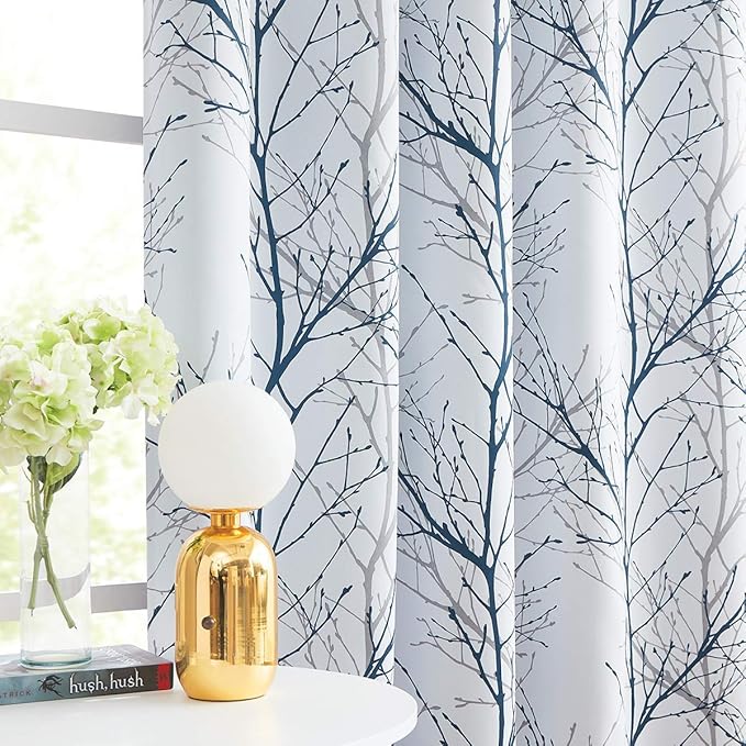 FMFUNCTEX 100% Blackout Patio Sliding Glass Door Curtains 84 Inch Long for Bedroom, Blue Grey on White Tree Branch Patterned Drapes for Living Room Divider, Extra Wide Thermal Insulated Panels