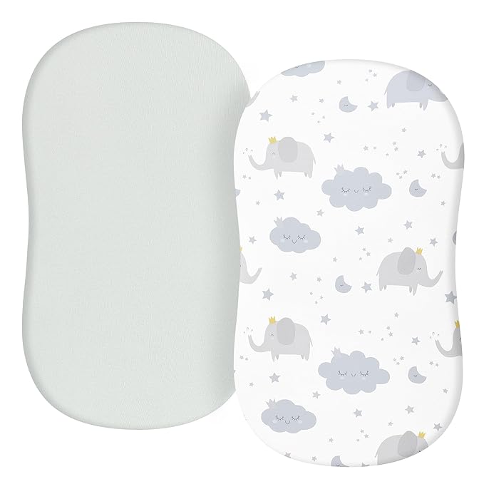 TILLYOU Baby Bassinet Sheets for Girls Boys 2 Pack Baby Sheets for Square Rectangle Oval Bassinet Mattress 33X16 Inch, Elephant & Cloud Gray