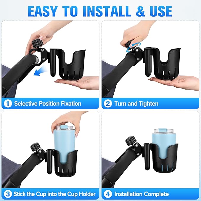 Stroller Cup Holder with Phone Holder, 2-in-1 Universal Cup Holder for Walker, Wheelchair, Bike, Scooter, Fits Most Cup, Black
