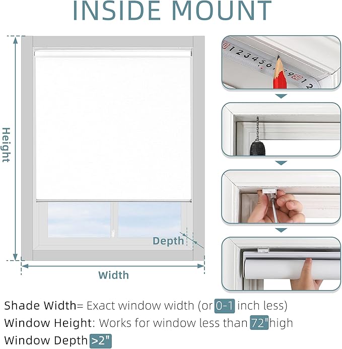 ChrisDowa Cordless 100% Blackout Roller Shade, with Striped Jacquard, Thermal Insulated, UV Protection Fabric, Total Blackout Blinds for Window, French Doors, Home and Office. White, 38" W x 72" H